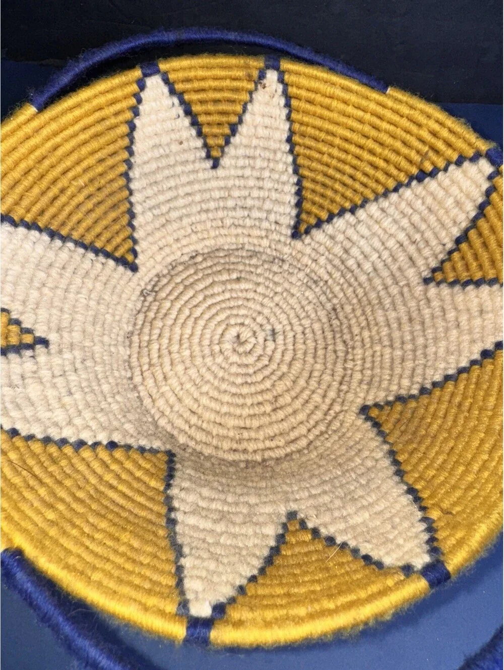 Handwoven African Wool Basket Blue Yellow White Starburst Design 9” Coiled Bowl